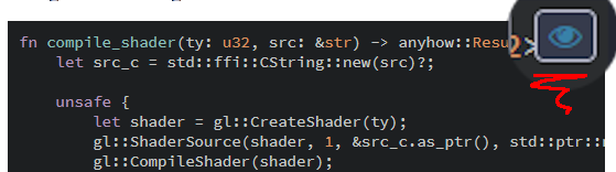 The show hidden lines button in the top right corner of a code snippet